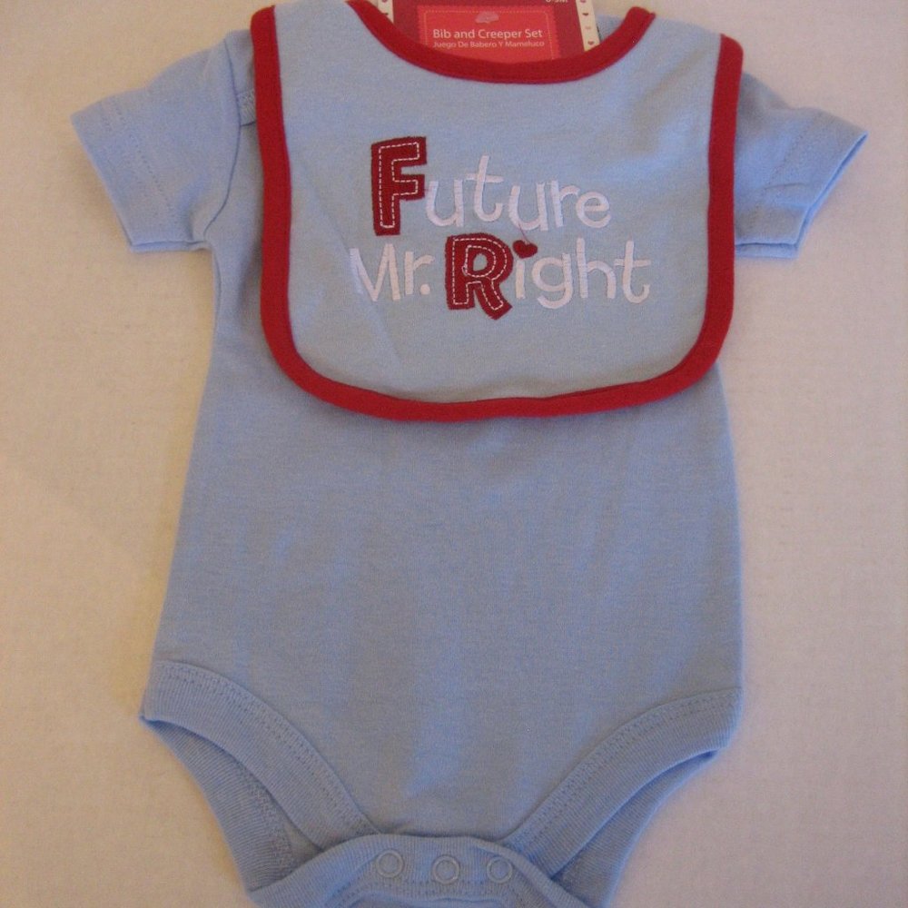 Future Mr. Right Infant Boys Blue/Red One Piece Bodysuit & Bib Sz 0-3M NWWT